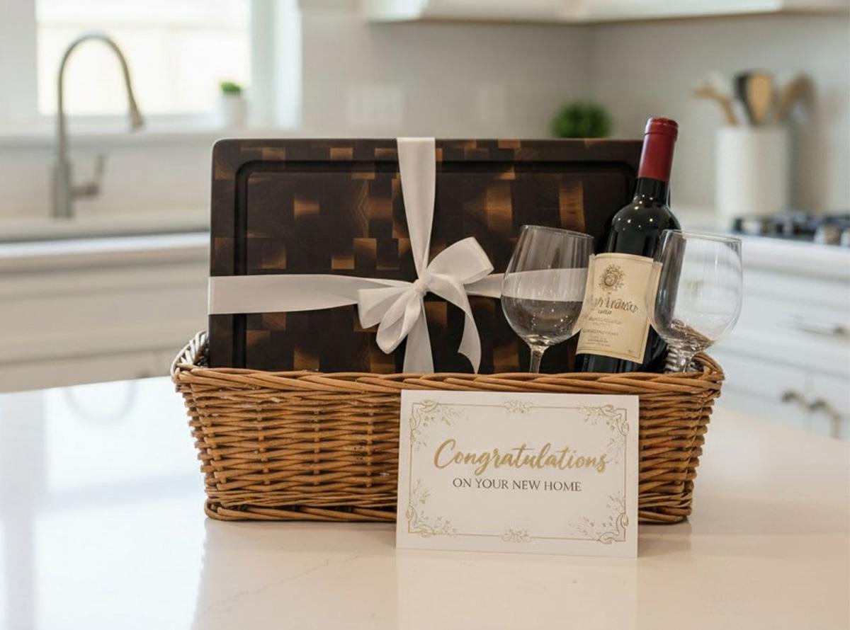 Realtor giving a personalized live edge walnut charcuterie board as a closing gift