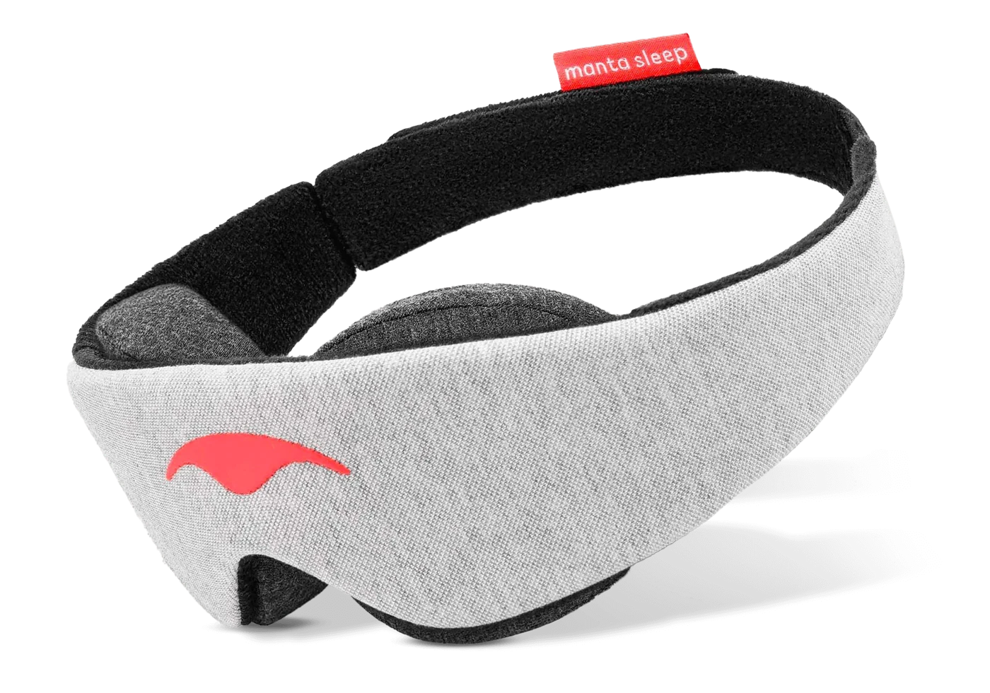 Gray and black sleep mask with modular eye cups and adjustable strap.