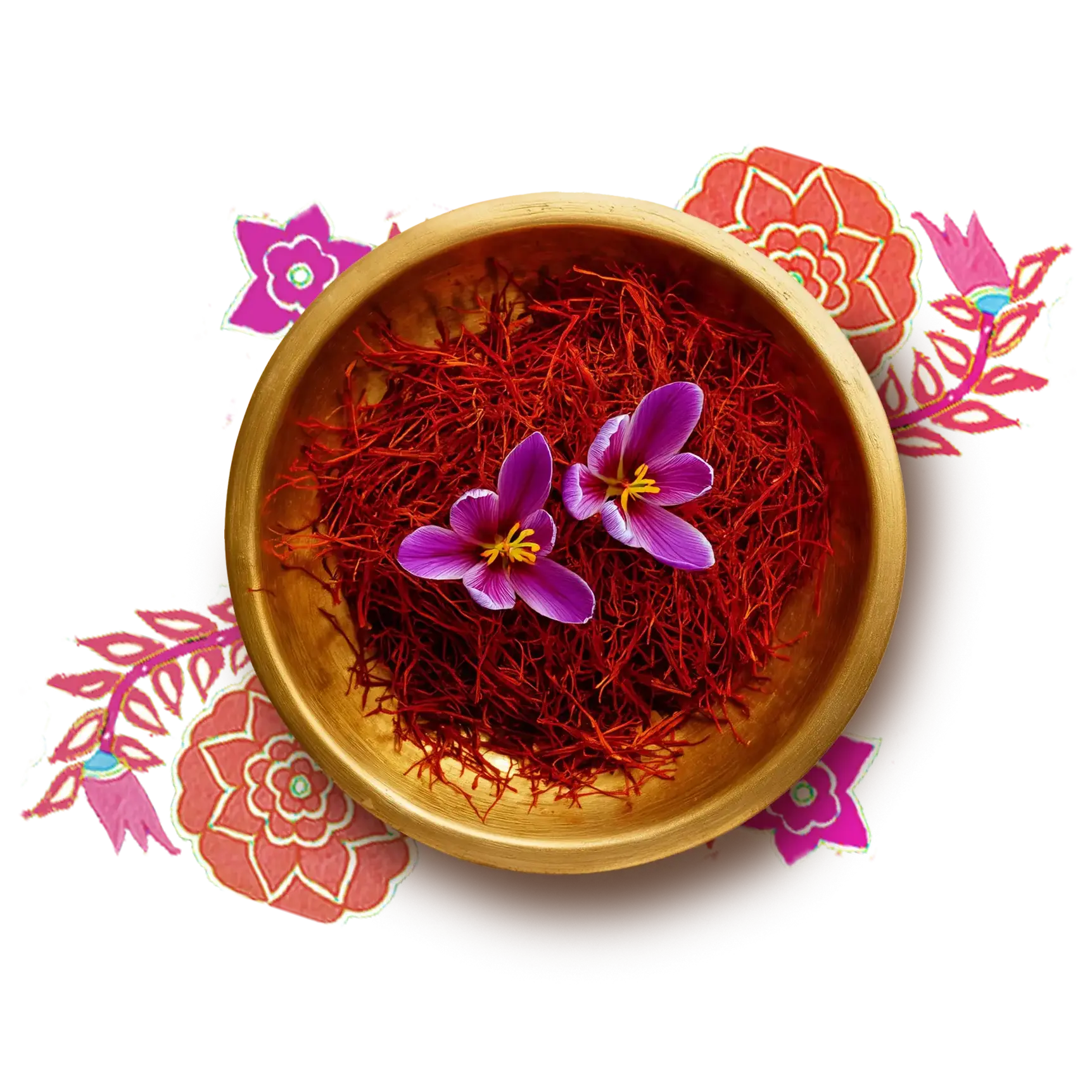 saffron in a bowl with one saffron flower on top