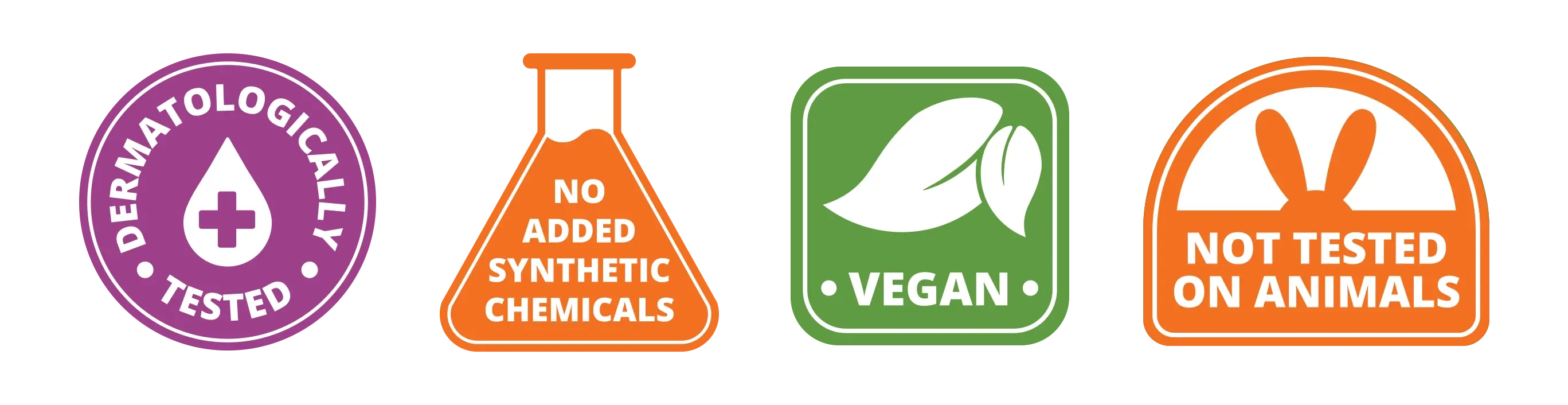 Dermatologically tested | No added synthetic chemicals | Vegan | Not tested on animals desktop