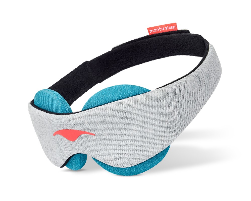 A gray sleep mask with blue cooling eye cups for migraine relief.