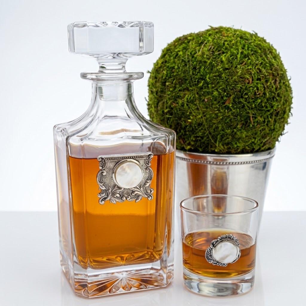 Mother-of-pearl decanter and bourbon glass designed by Classic Legacy Custom Gifts