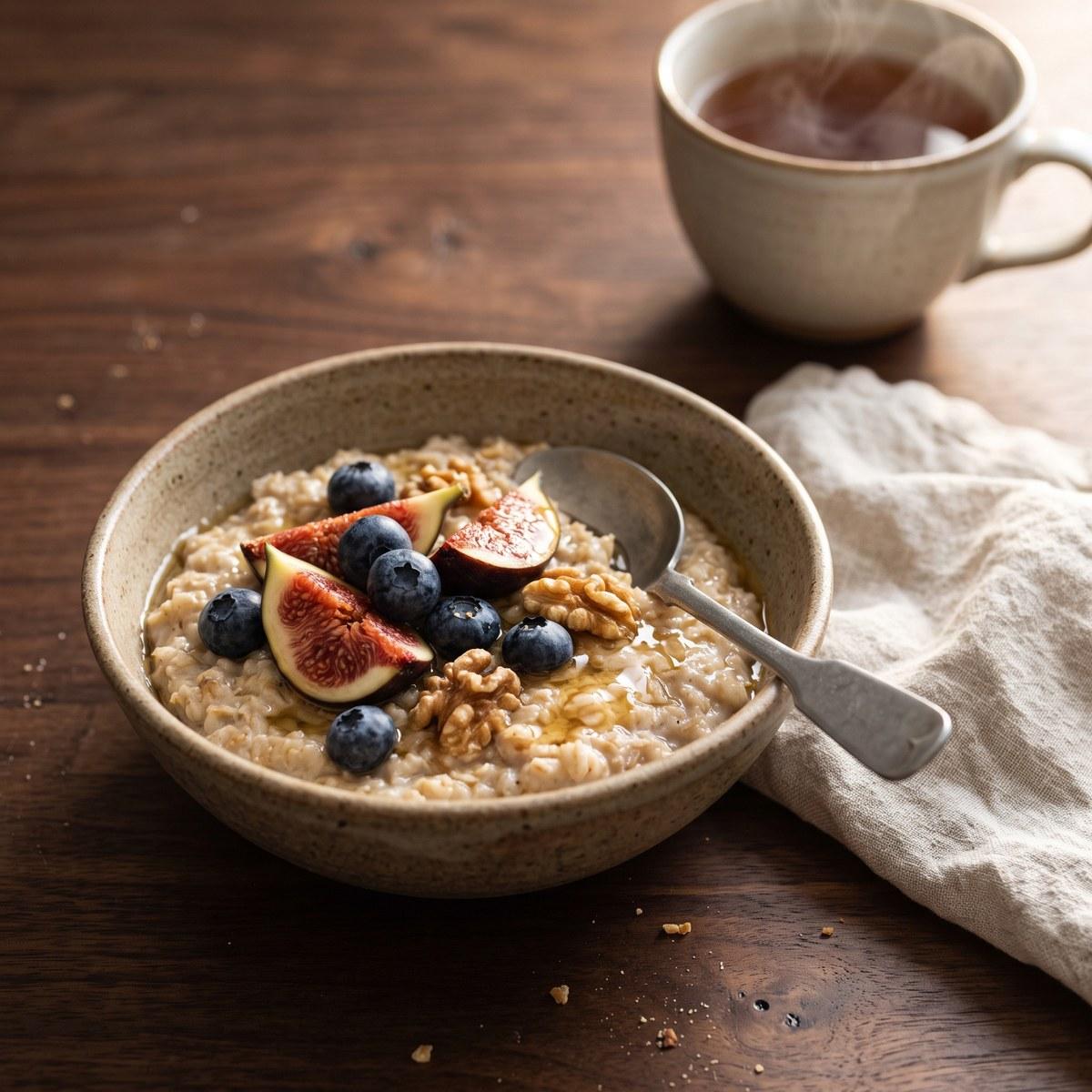 Bowl of oatmeal with figs and berries made with astragalus