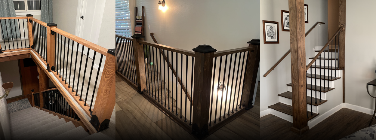 Collage of indoor aluminum sideways installed balusters