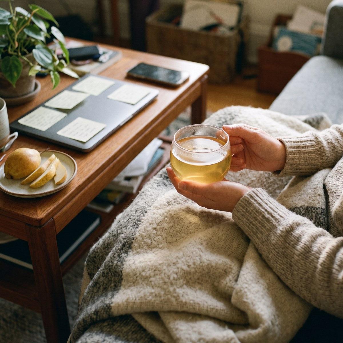 Hands holding a glass cup of gynostemma tea while unwinding on the couch