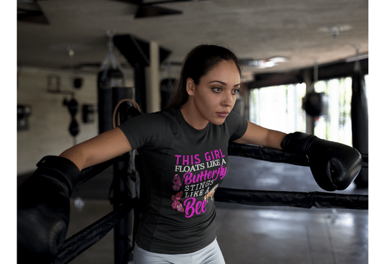 boxing t shirts, girl t shirts, sparring t shirts, fight t shirts, Ali boxing t shirts, black color t shirt, woman t shirt, girl stings like a bee t shirt, boxing saying t shirt