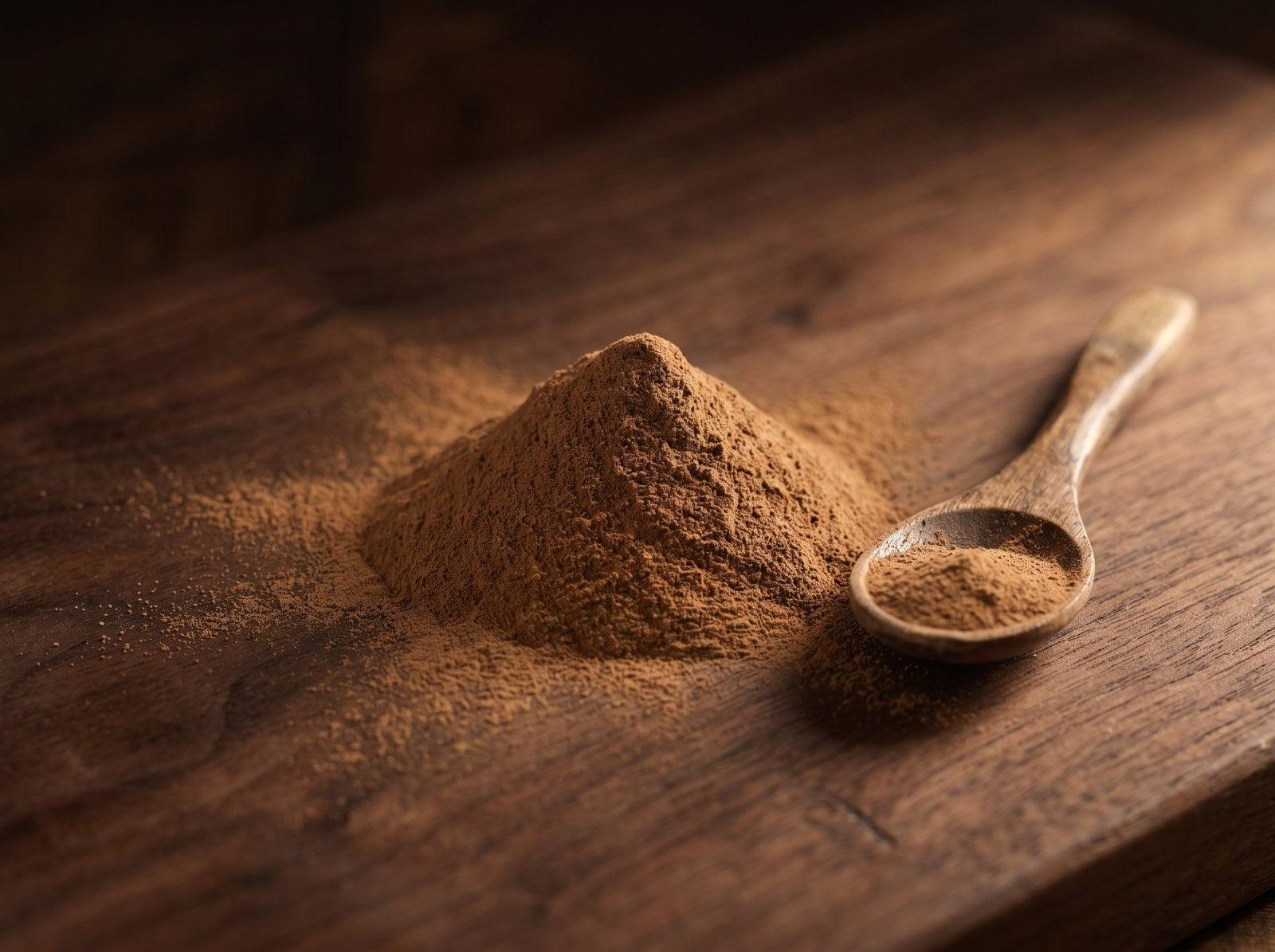Fine medium brown cistanche extract powder with a wooden spoon