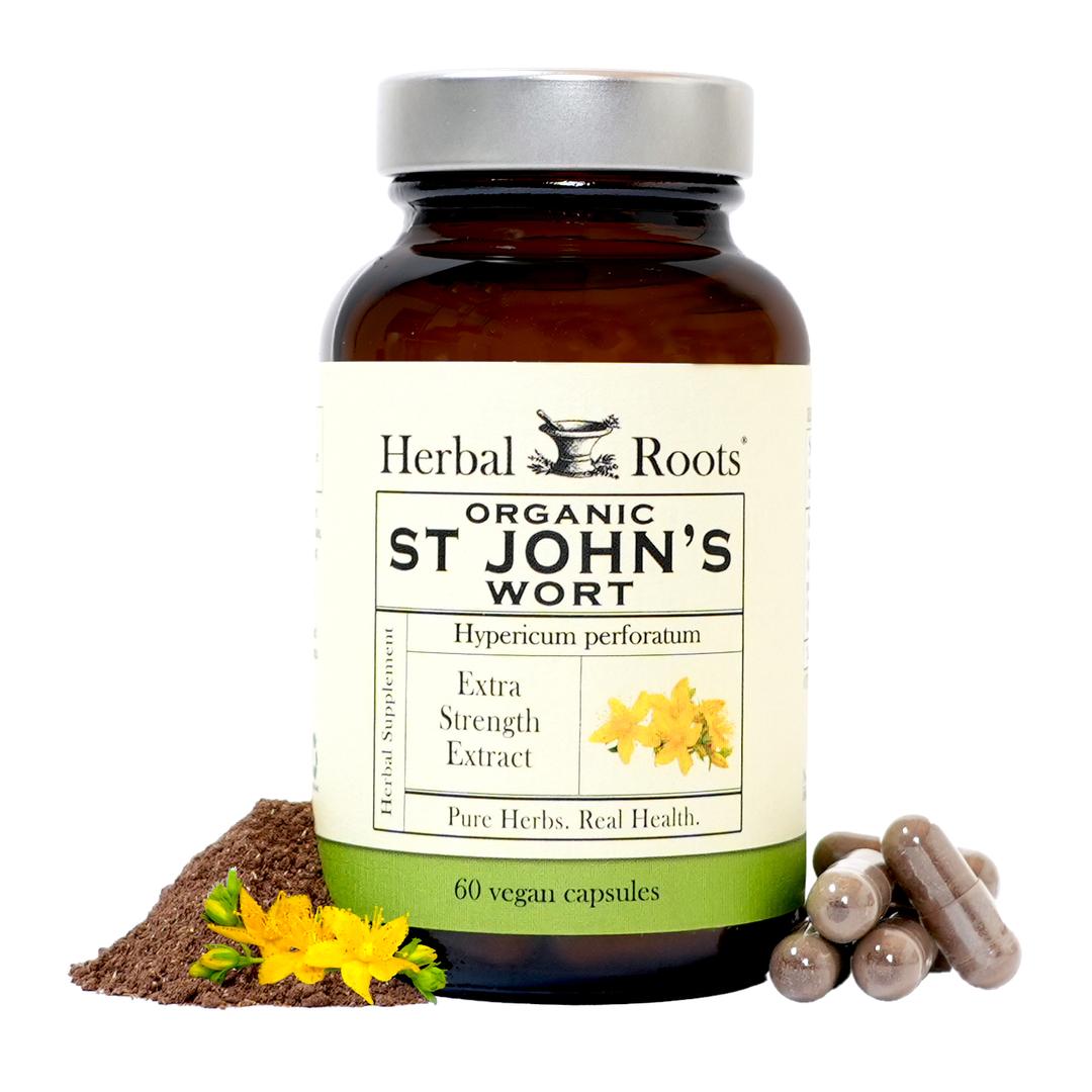 Bottle of Herbal Roots Organic St Johns Wort Supplement