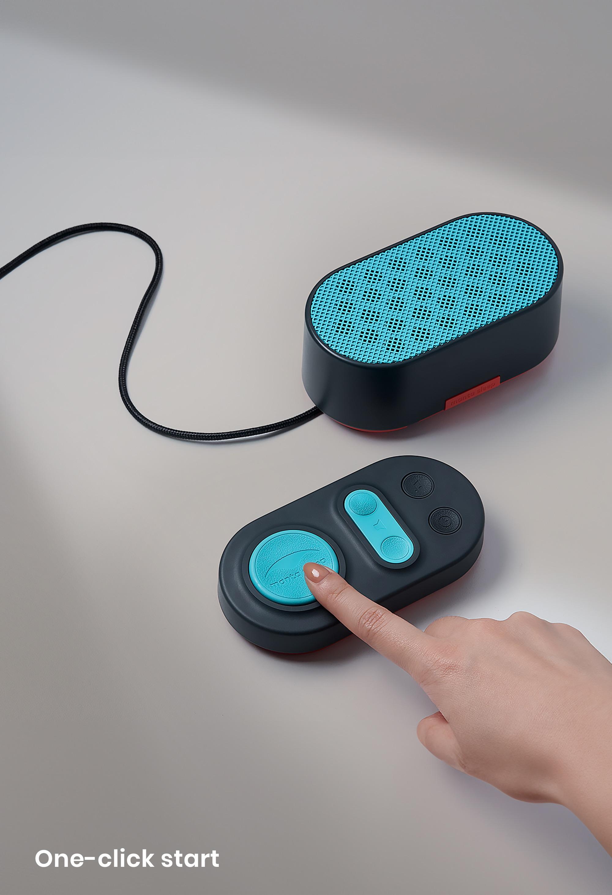 A finger pressing the 1-click start button of the best sleep sound machine. Its speaker and cable are on top of the control pad.