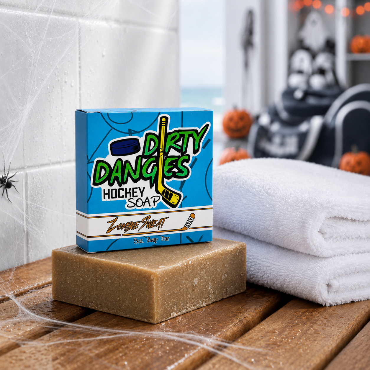 zombie sweat pumpkin spice scented hockey soap bar in a locker room with a towel, hockey gear and halloween decor