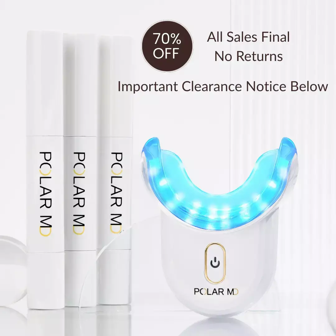 photo of polar md teeth whitening kit, mouthpiece, 3 whitening tubes, 70% off, all sales final, no returns, important clearance notice below