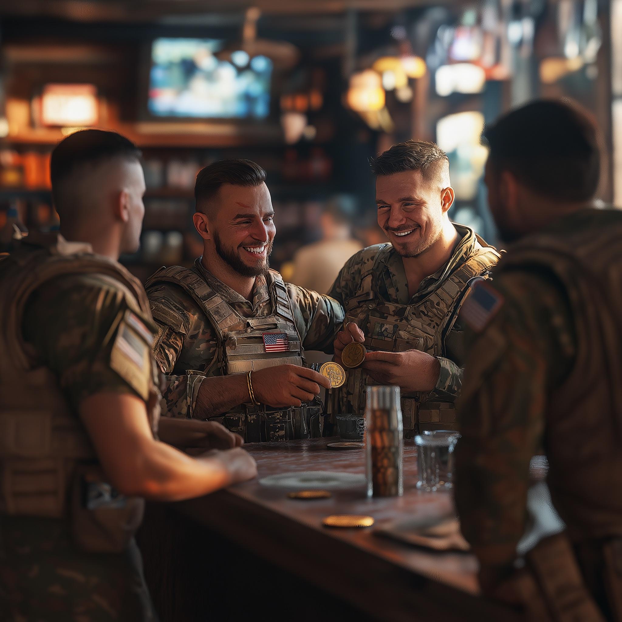 US soldiers making a coin check at the bar