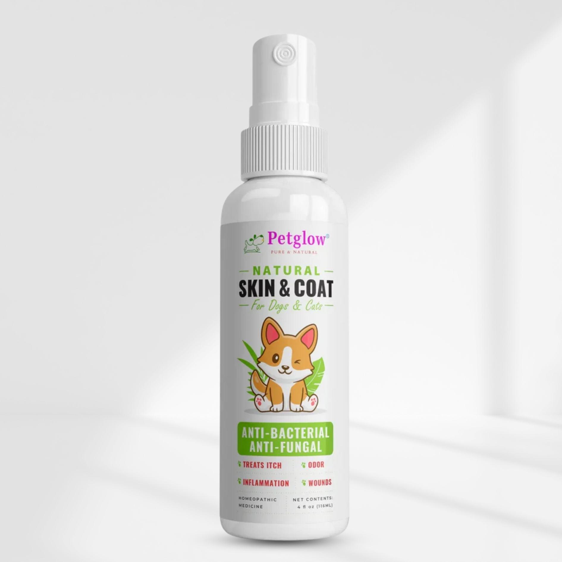 Bottle of Petglow hot spot spray for dogs with natural ingredients