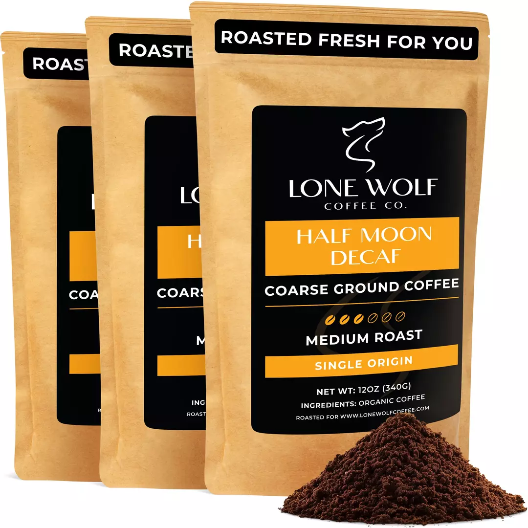 Three 12oz bags of Lone Wolf Coffee’s Half Moon Decaf Medium Roast Coarse Ground coffee bag product photo