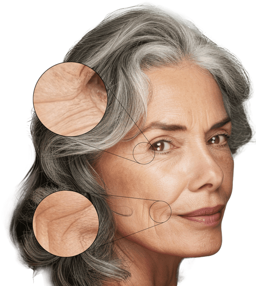 Signs of ageing appears around eyes, cheeks, lips and chin