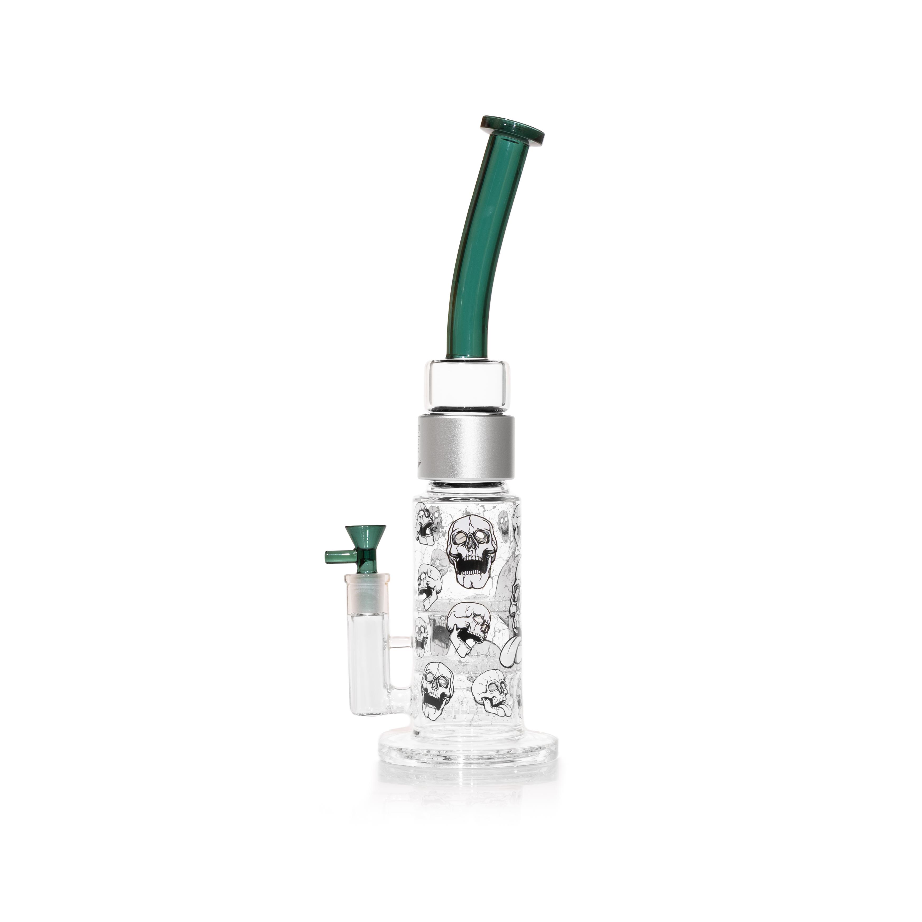 an image of a Prism setup with big honeycomb base with skull design and teal curved mouthpiece with silver halo connector