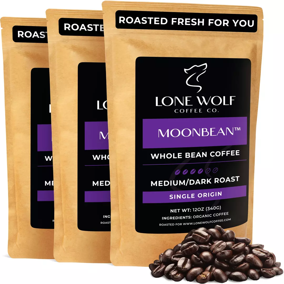 Three 12oz bags of Lone Wolf Coffee’s Moonbean Medium-Dark Roast Whole Bean coffee bag product photo