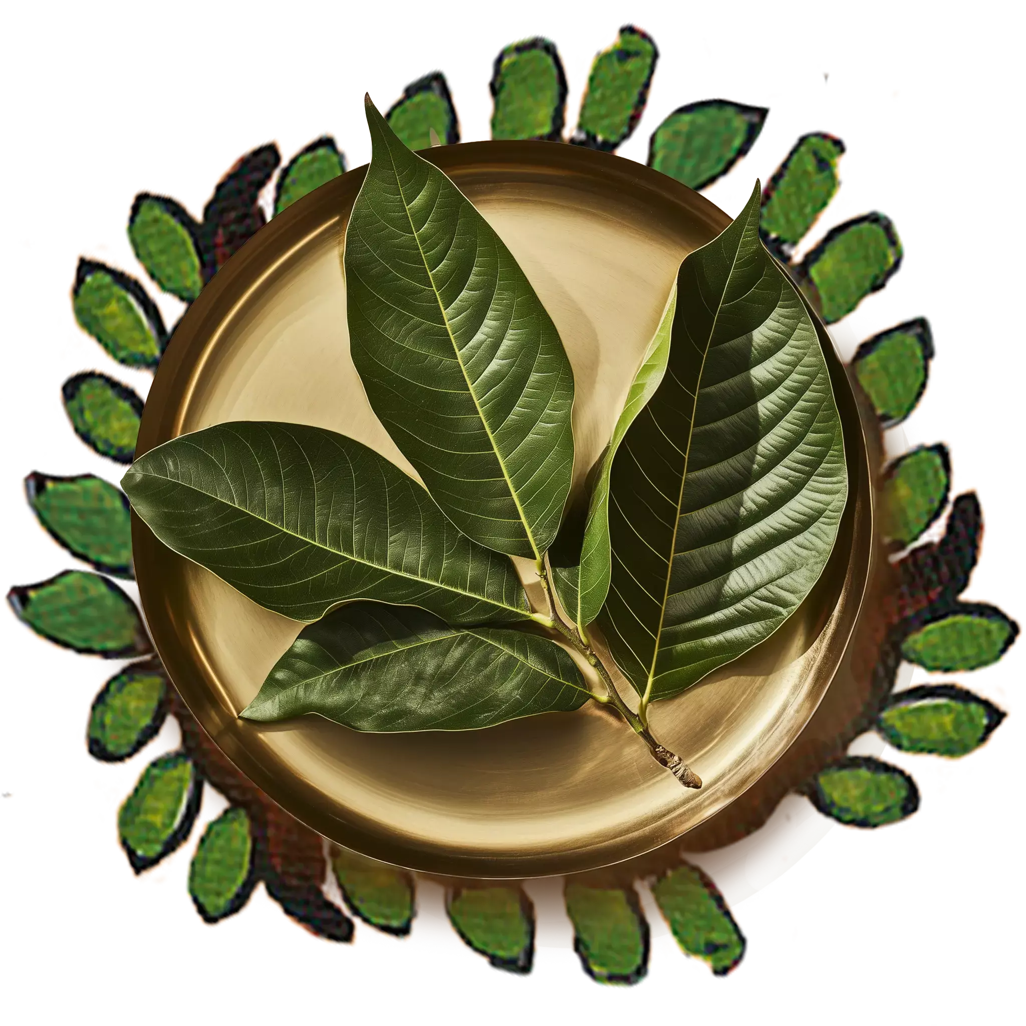 A bunch of mango leaves kept in a brass plate over an artwork of leaves