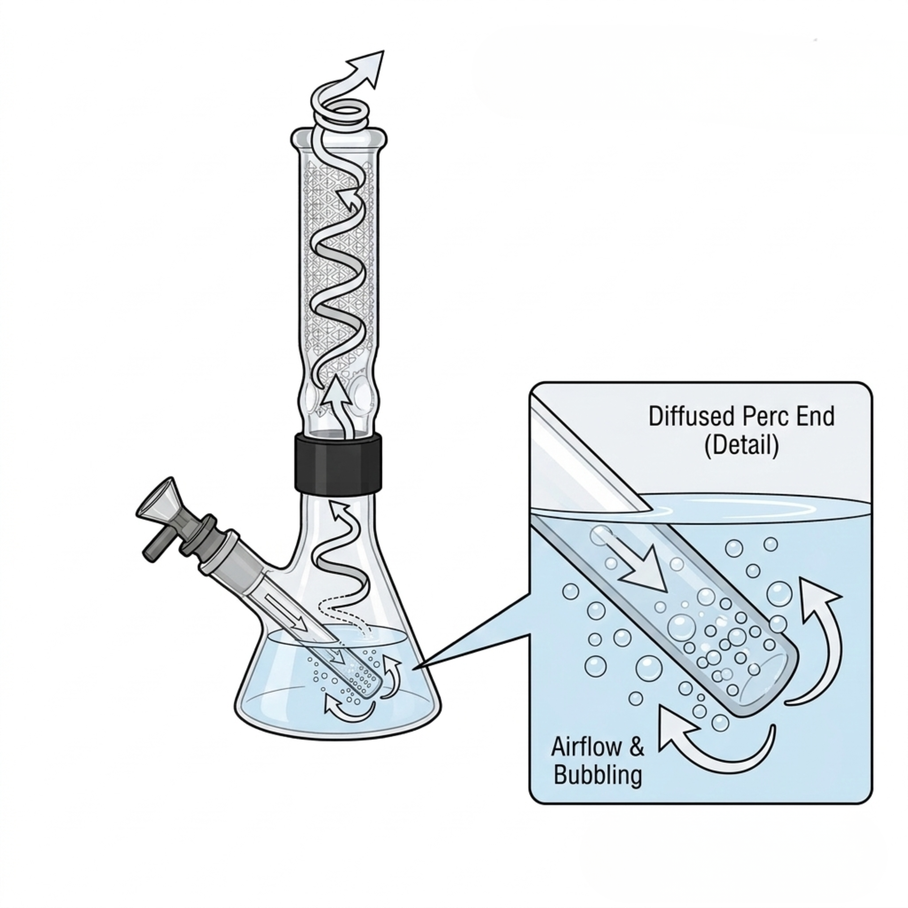 An instructional illustration demonstrating how a modular downstem inserts into a Prism base to create initial filtration. The diagram shows the mechanical function of smoke traveling through precision-cut slits to create micro-bubbles, explaining the atomization process that cools the hit before it rises through the pipe.