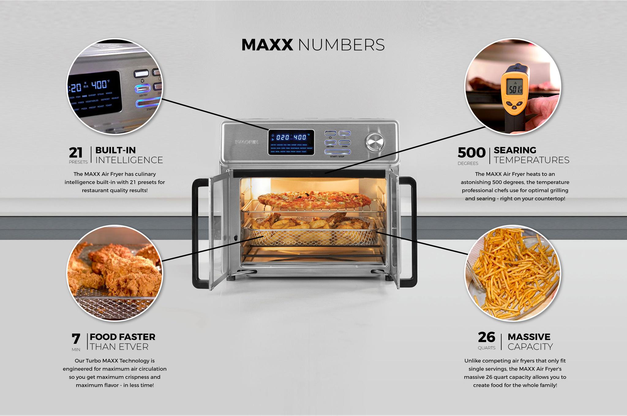 BUILT-IN INTELLIGENCE The MAXX, Air Fryer has culinary intelligence built-in with 21 presets for restaurant quality results, SEARING TEMPERATURES, The MAXX Air Fryer heats to an astonishing 500 degrees, the temperature professional chefs use for optimal grilling and searing - right on your countertop, FOOD FASTER THAN EVER, Our Turbo MAXX Technology is engineered for maximum air circulation so you get maximum crispness and maximum flavor - in less time, MASSIVE CAPACITY, Unlike competing air fryers that only fit single servings, the MAXX Air Fryer's massive 26 quart capacity allows you to create food for the whole family!
