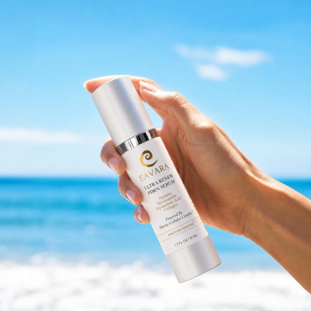 Hand holding Eavara Ultra Renew PDRN Serum at the beach with ocean in the background