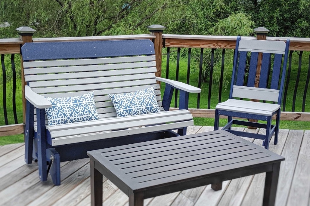 Blue and Gray Poly Lumber Bench and Chair