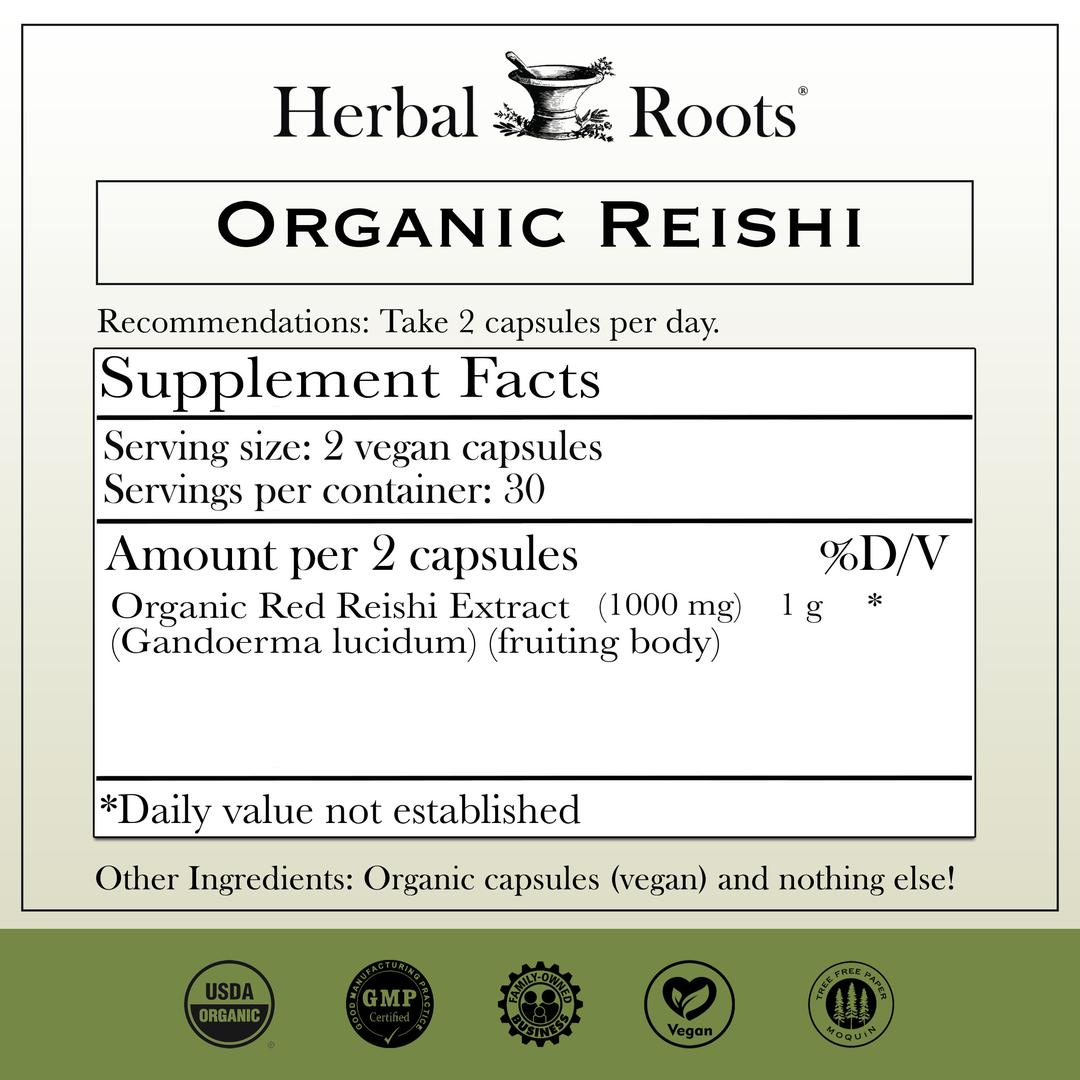 organic reishi mushroom supplement facts. 1,000 milligram organic red reishi extract (fruiting body). Other ingredients: organic capsules (vegan) and nothing else! Serving size: 2 vegan capsules. Servings per container: 30