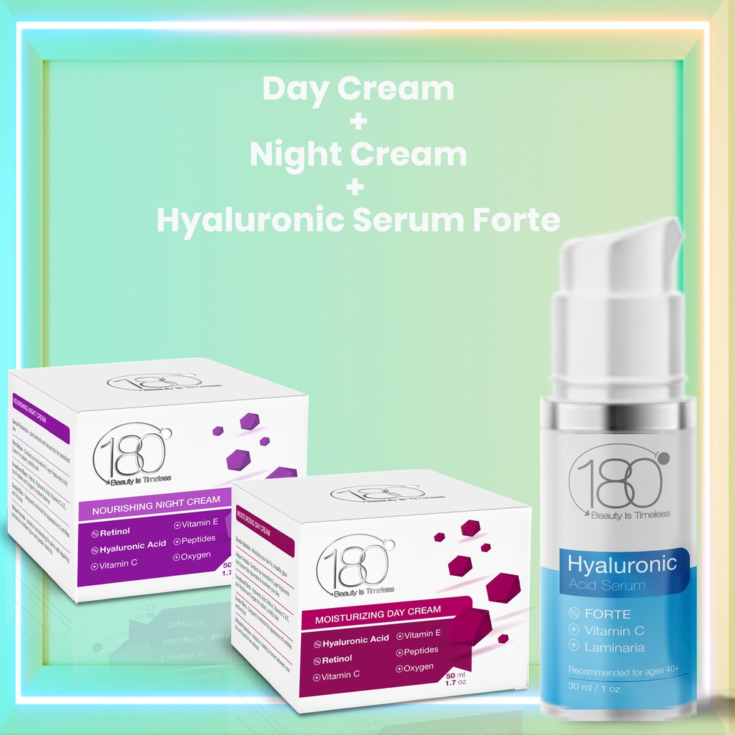 180 Essential TRIO Kit - Hyaluronic Serum Forte - Day Cream - Night Cream (3 Full-Size Products)
