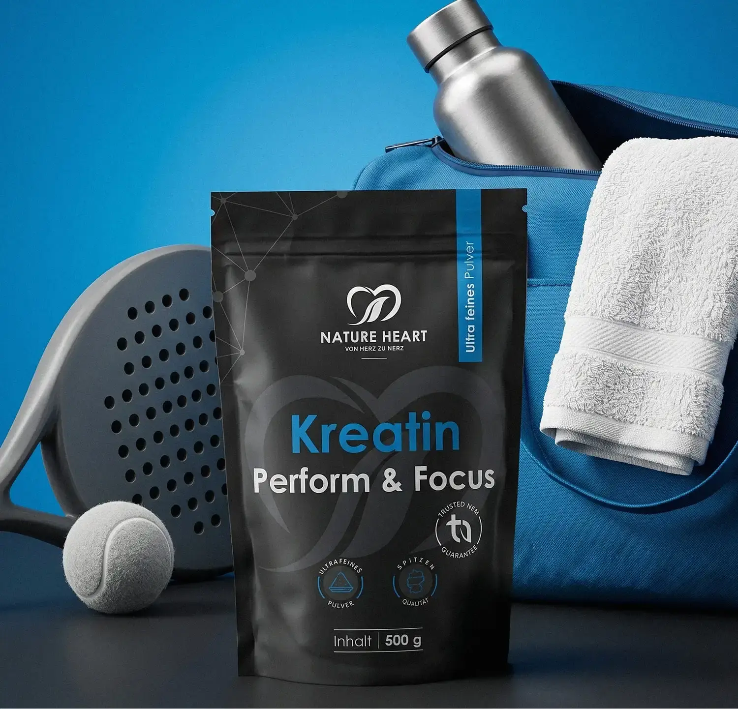 Nature Heart Kreatin Perform & Focus 500 g ultra feines Pulver mit Padel-Schläger, Sporttasche und Edelstahl-Trinkflasche