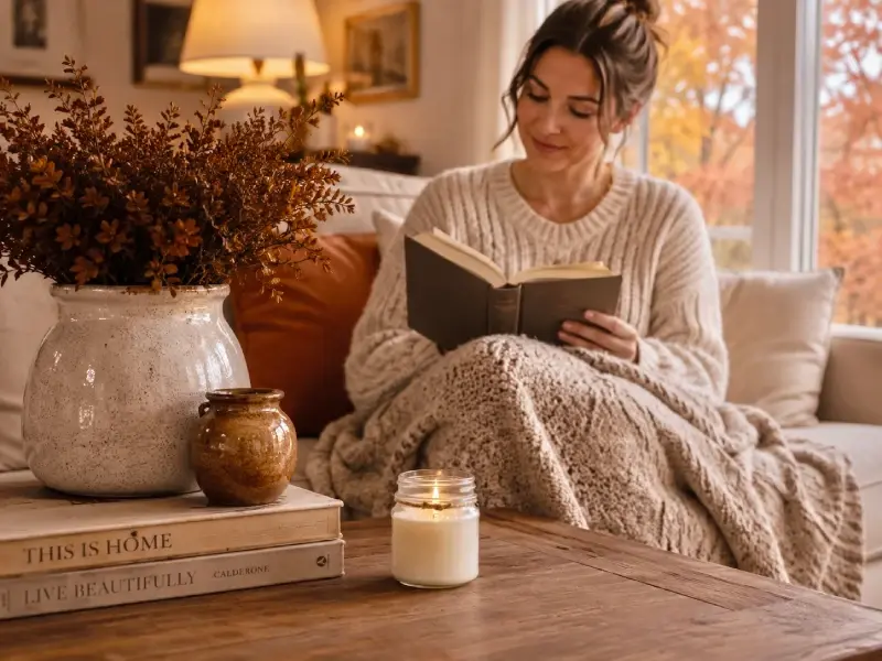 small wooden wick soy candle from fall collection woman reads book with fall decor