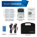 TENS 7000 2nd Edition Digital TENS Unit Kit With Accessories - What's included: 4 2"x2" premium electrode pads, dual channel device, user manual, battery, 2 lead wires, carry set