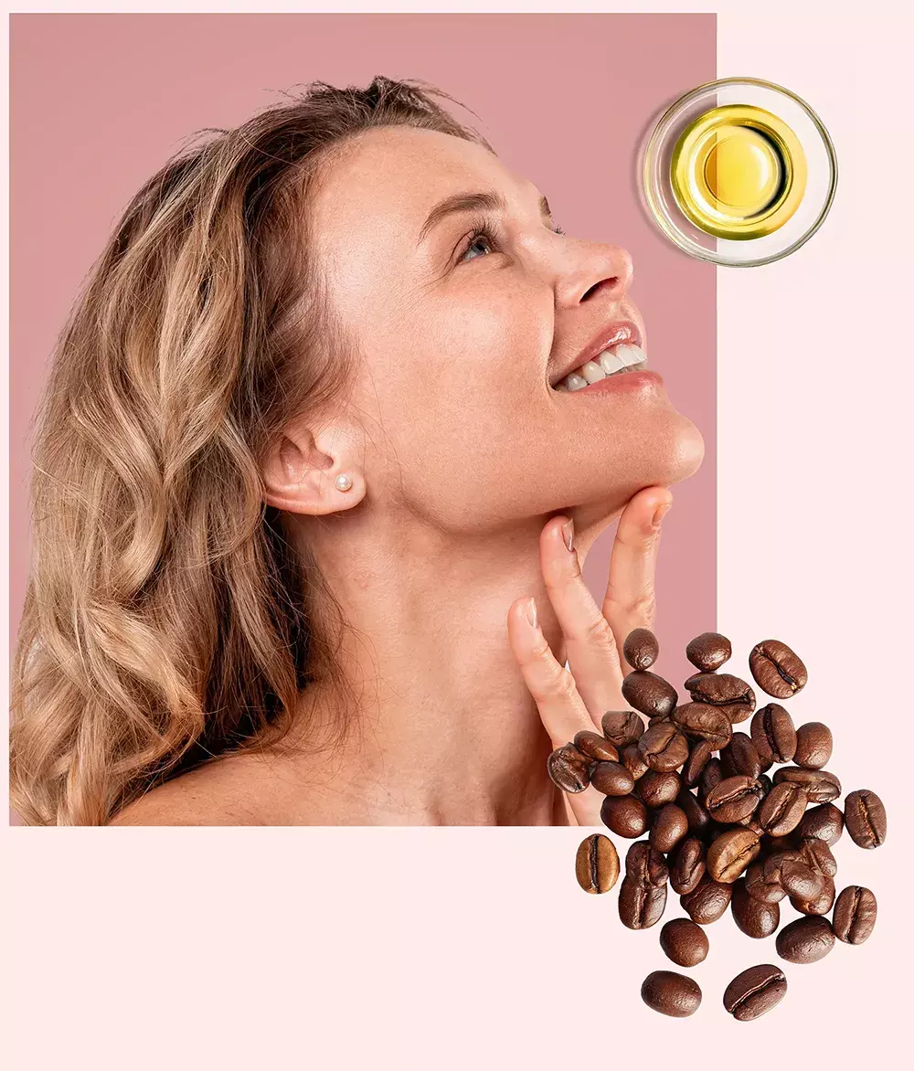 coffee seed oil and woman touching her skin with