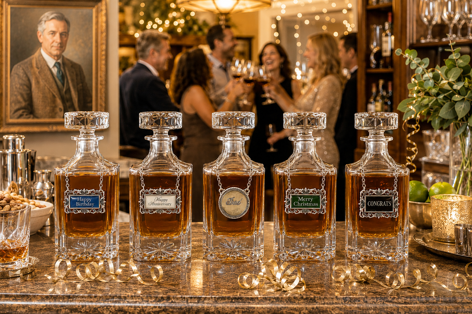 Decanters for special occasions include decanters for birthdays, anniversaries, Father's Day, and Christmas