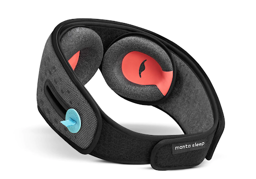 The inner portion of an adjustable sleep mask with headphones with C-shaped eye cups attached.