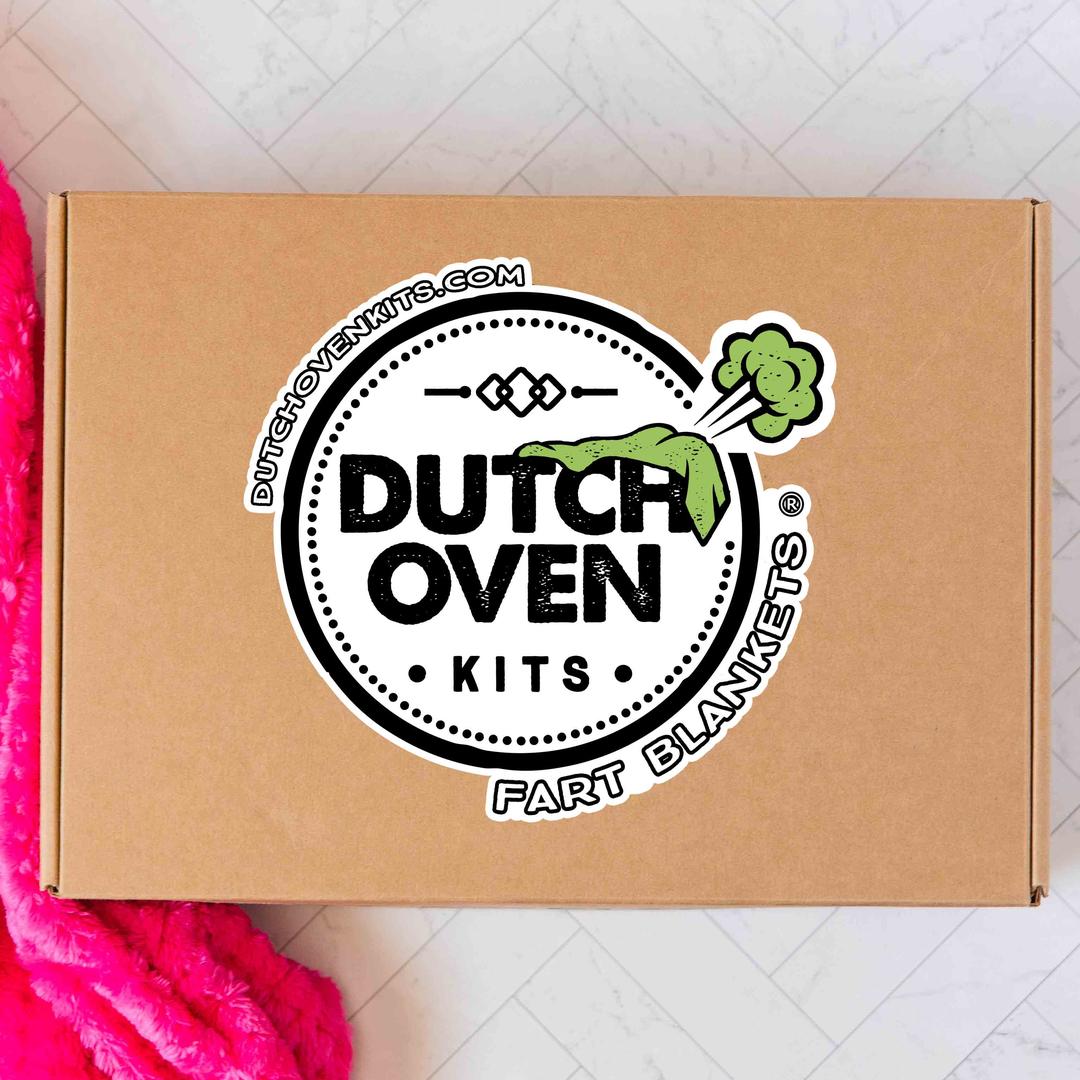 a large dutch oven kits logo sticker on a brown box. dutch oven kits fart blankets