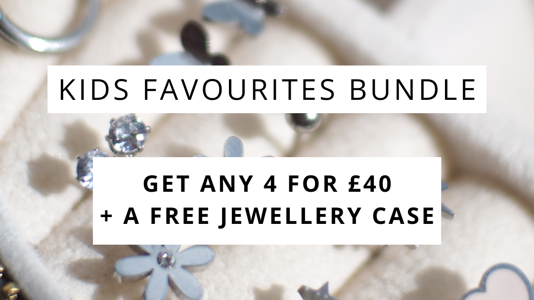 Get 4 for £40 plus a free jewellery box with every bundle! Jewellery box with a selection of kids stud earrings of various designs, including flowers, hearts, stars and more.