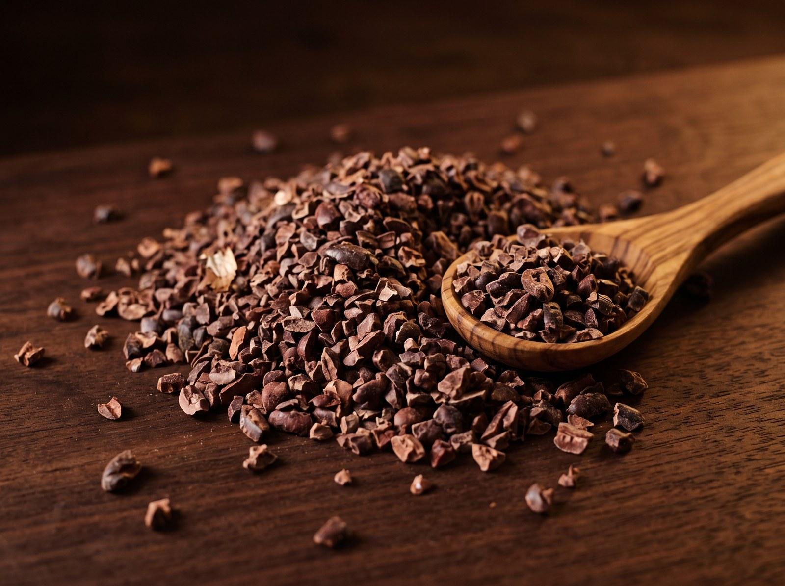 Wild heirloom cacao nibs with a wooden spoon on a rustic table
