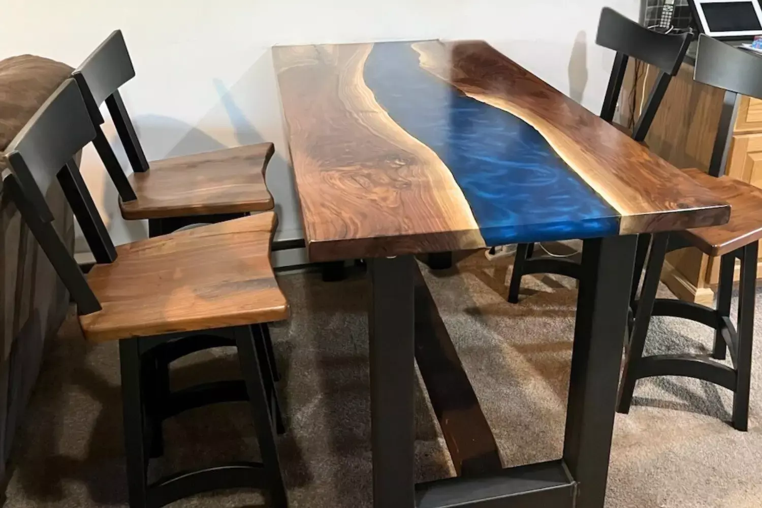 Live Edge Walnut Pub Table wit Blue Epoxy River