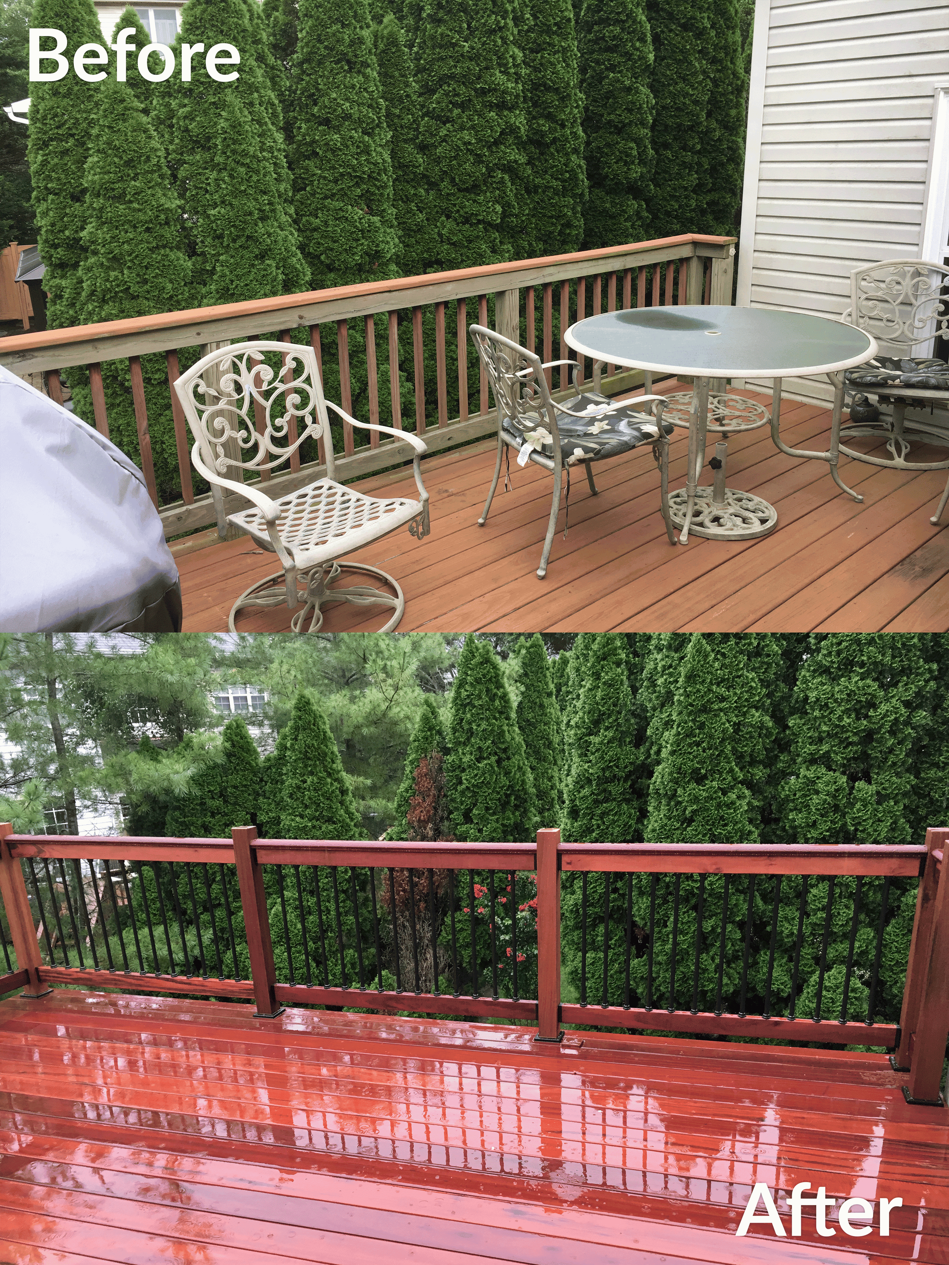 Before and after picture of Mike's renovated deck