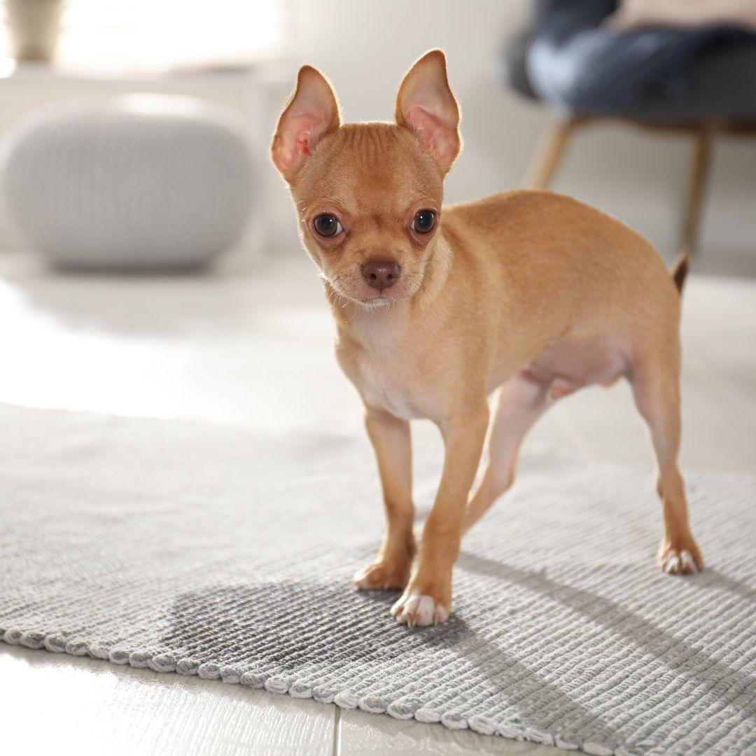 Cute chihuahua puppy near pee spot on rug indoors