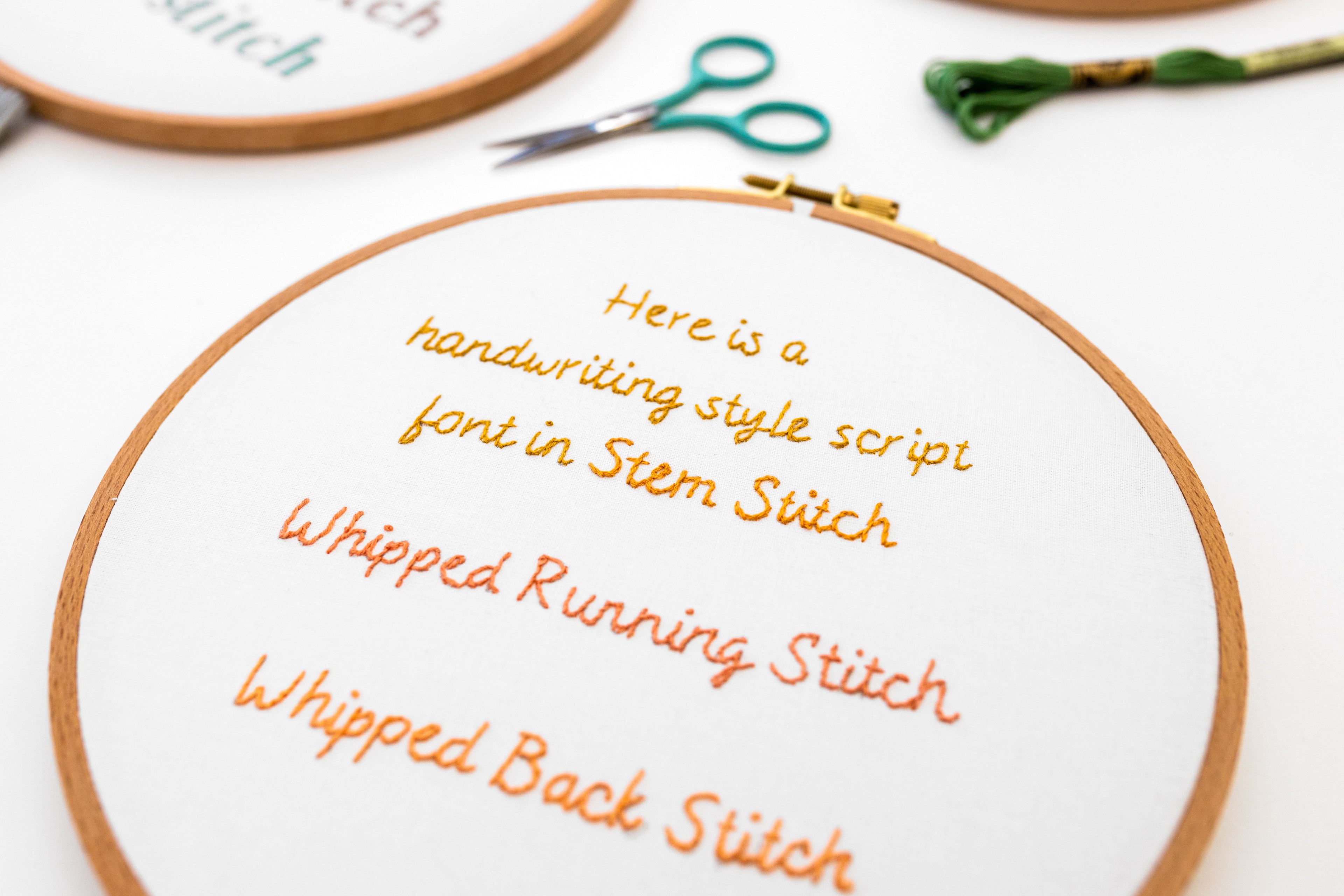 This is an image of a embroidery hoop with stem stitch, running stitch, and whipped back stitch.
