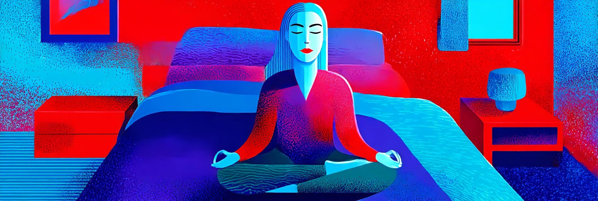 A woman with hyperacusis sitting cross-legged on her bed and meditating to relax before bedtime.