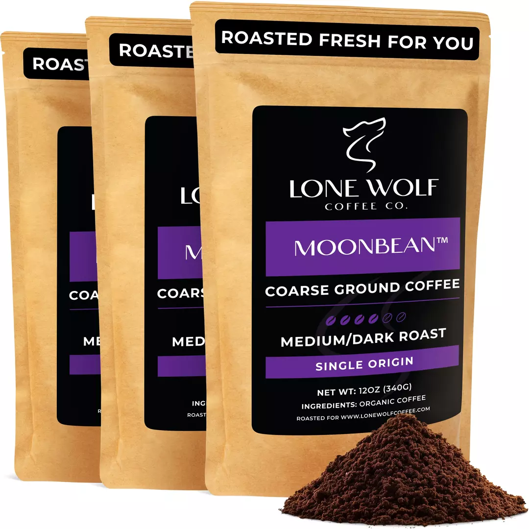 Three 12oz bags of Lone Wolf Coffee’s Moonbean Medium-Dark Roast Coarse Ground coffee bag product photo