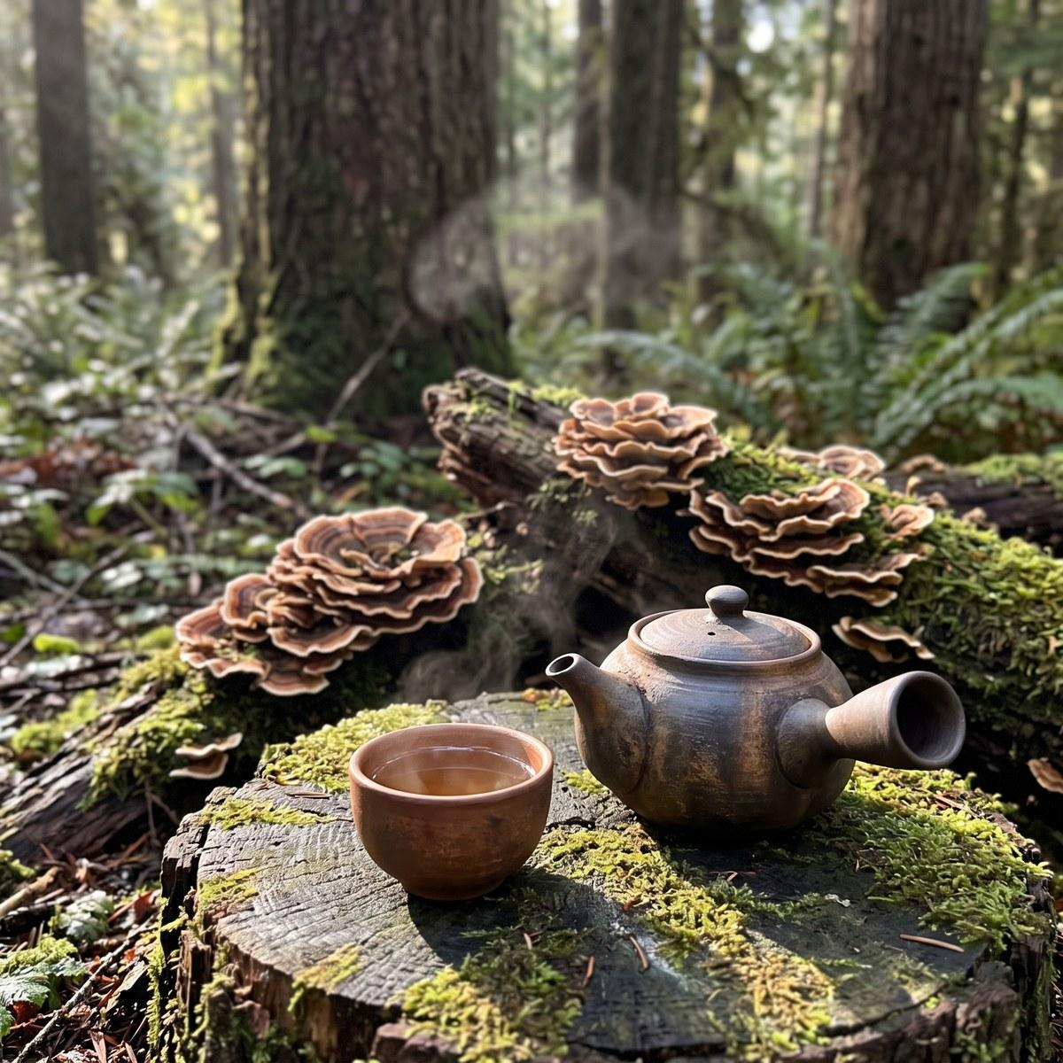 Clay teapot and cup of turkey tail tea on a mossy stump beside wild turkey tail mushrooms