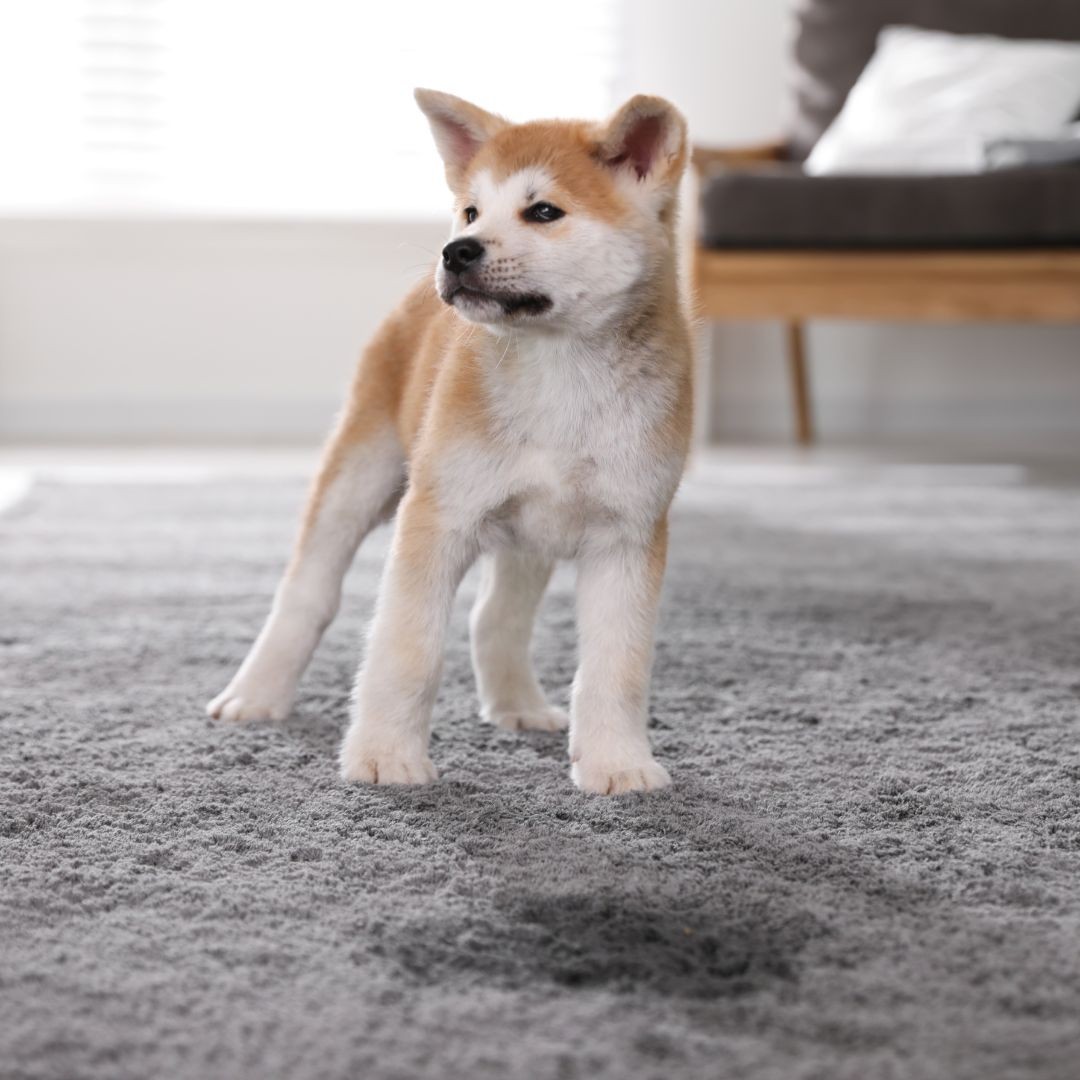 Akita puppy next to pee patch on carpet