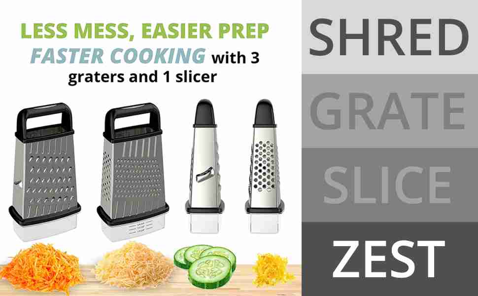 Less mess, easier prep, faster cooking with 3 graters & 1 slicer. Shred, grate, slice, zest