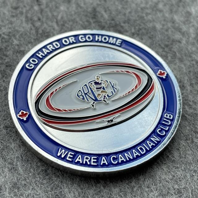 custom made challenge coin with colorful print with a running man and sign