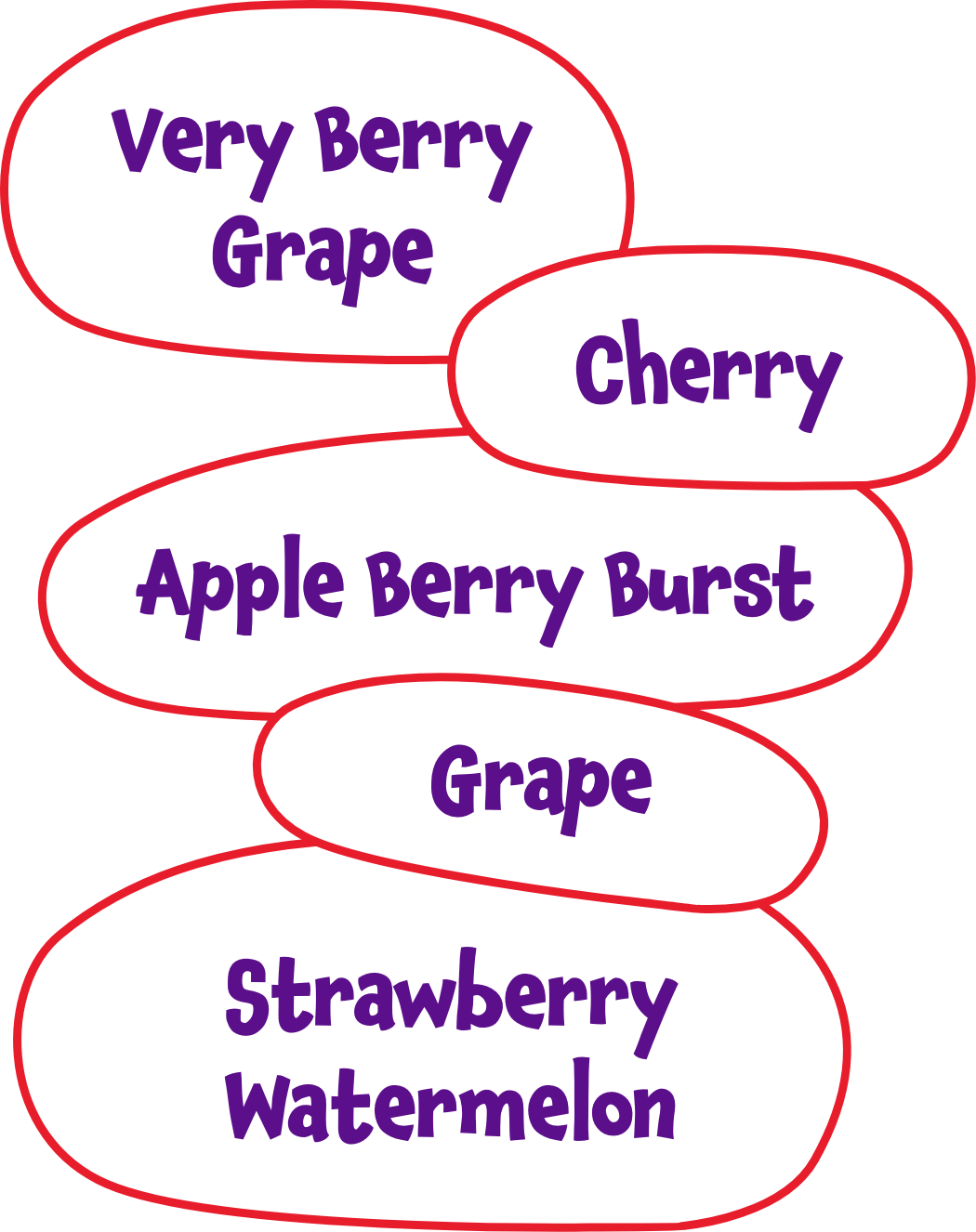 very berry grape, cherry, apple berry burst, strawberry watermelon, grape