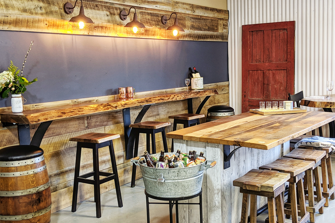 rustic wall table with bar stools