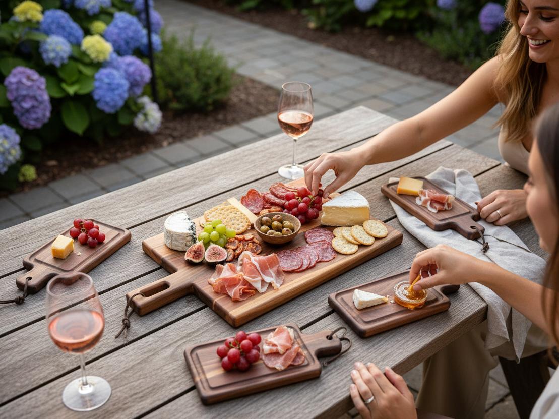 friends sharing food on wooden charcuterie boards during outdoor gathering showing a wedding gift that supports shared experience